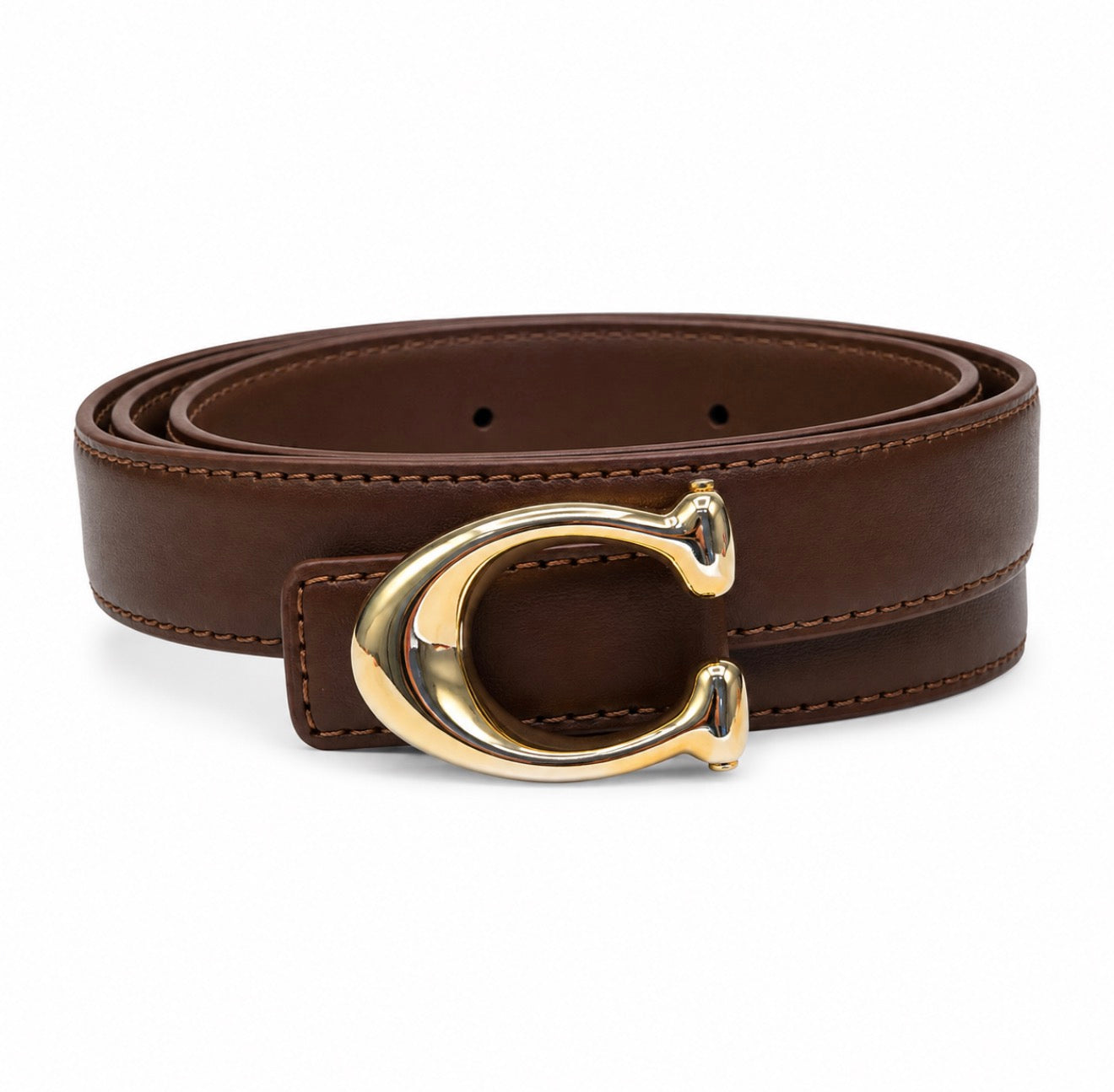 Brown Leather Belt with Gold-Tone Statement Buckle
