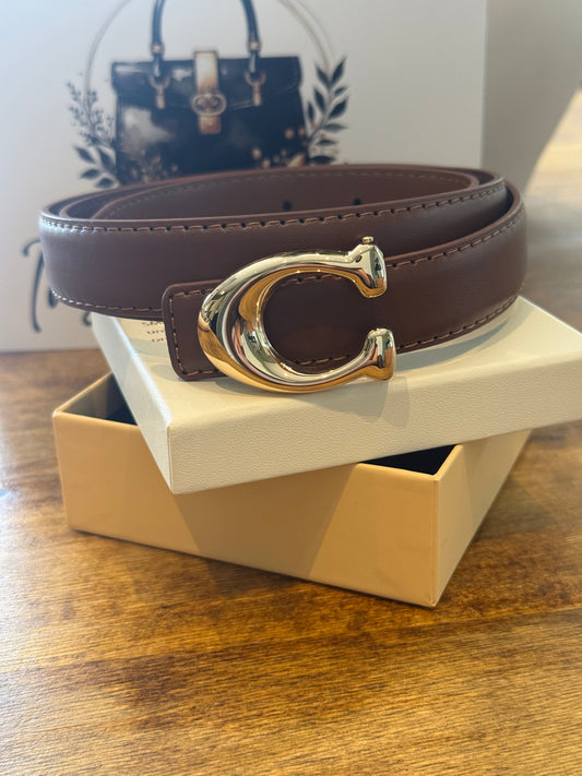 Brown Leather Belt with Gold-Tone Statement Buckle